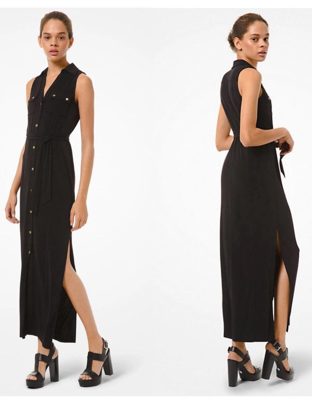 Michael Kors Matte Jersey Sleeveless Navy Button Down Dress-Size Large
